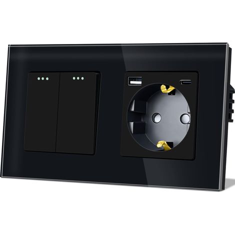 Interrupteur à bascule avec prise 2 compartiments, 1 voie, plaque en verre, interrupteur encastré avec prise Schuko (maximum 20 W) USB et type C, noir, 86 x 157 mm (1/5)
