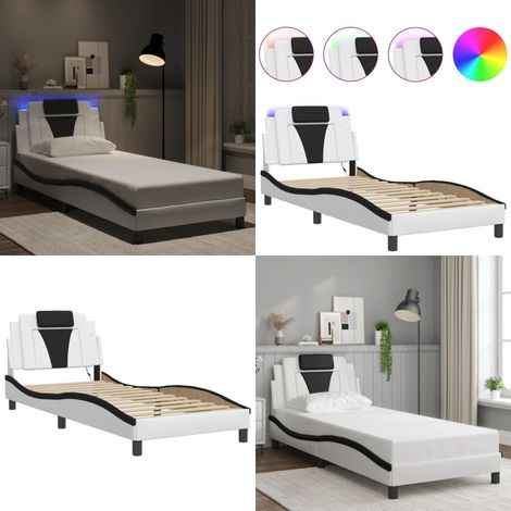 Cadre de lit avec LED sans matelas blanc et noir 90x190 cm - Lit Plateforme - Lit Design - Lit Avec Éclairage Led - Cadre Lit Blanc - Tête De Lit Capitonnée - Home & Living
