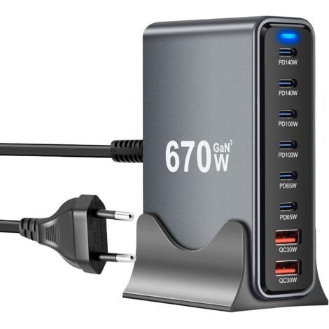 GaN III Chargeur 8 en 1 et 670 W USB C, chargeur rapide multiple avec 6 ports USB-C + 2 ports USB-A, Power Delivery, station de charge USBC pour MacBook Pro/Air, iPhone, iPad, Samsung plus