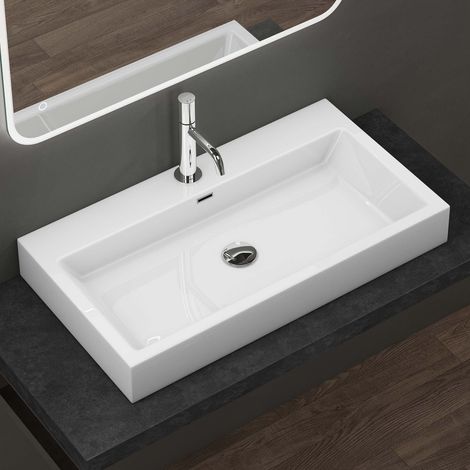 doporro Design Aufsatzwaschbecken Hängewaschbecken Waschbecken Weiß BTH 76,5x42x10 cm Waschtisch aus Mineralguss Colossum06
