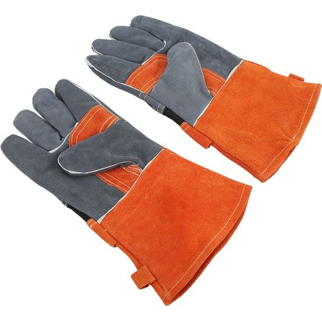 Paire de gants résistants à la chaleur ignifuges anti-feu non brûlants en cuir pour barbecue grille orange (1/5)
