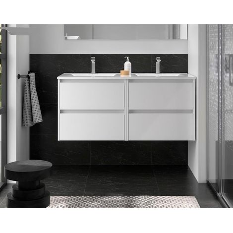 Meuble bas Noja 1200 4 tiroirs + lavabo Blanc satiné (1/4)