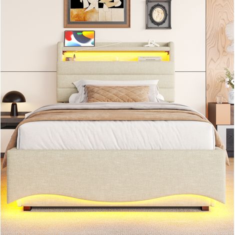 cama cama dormitorio con almacenamiento LED beige OKMYHOME (1/4)