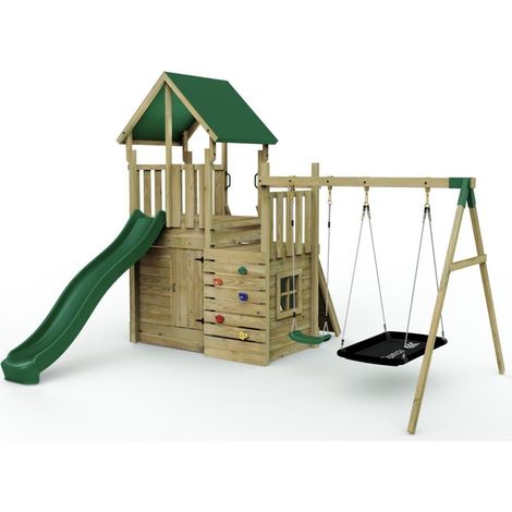 Rebo Modular Wooden Climbing Frame Adventure Playset - M8 plus Ramp & Double Swing