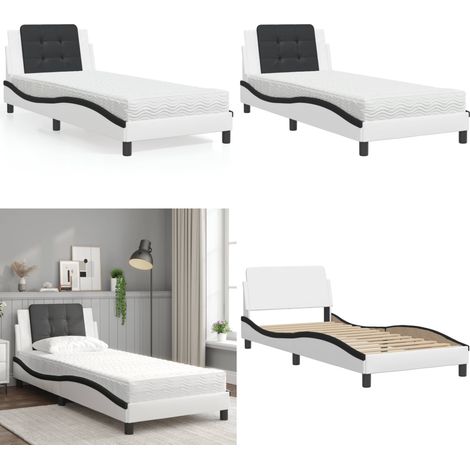 Lit avec matelas blanc et noir 90x200 cm similicuir - Lit Double - Lit Plateforme - Lit Design - Literie - Sommier Tapissier - Home & Living (1/5)