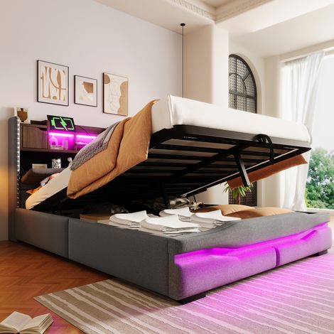 Letto imbottito moderno 140x200 cm in lino grigio con testiera contenitore, LED, USB/Type-C e vano contenitore idraulico (1/5)