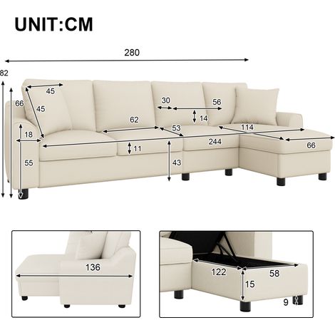 Sofá rinconera 280x136x82 cm beige en chenilla con chaise longue con almacenaje y respaldo abatible (1/5)