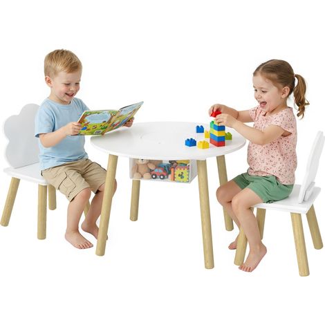 Table enfant avec chaises et rangement, ensemble de mobilier enfant 3 pièces blanc et naturel pour salles de jeux et chambres d'enfants (1/5)