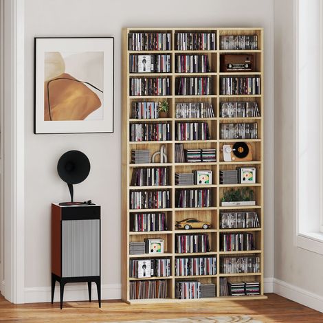 Rangements pour CD et DVD, étagère rangement 1116 CD/528 DVD, 36 compartiments et étagères réglables, chêne