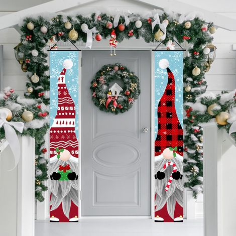 2 distiques de Noël, décorations extérieures, drapeaux extérieurs, tissu suspendu à carreaux du Père Noël, drapeau suspendu de décoration d'ambiance festive 180 cm x 30 cm tissu polyester 100D (1/4)