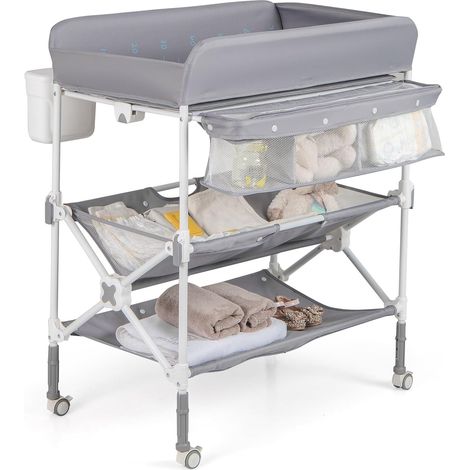 COSTWAY Table à Langer Pliante pour Bébé, Table à Langer Portable avec Roulettes Étagères Poubelle, Station Imperméable, Hauteur Réglable, Organiseur Mobile pour Nouveau-nés, Charge 11 kg (Gris) (1/5)