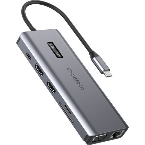 Adaptador HUB multifuncional con pantalla, USB-C, USB-A, VGA, AUX, SD y TF (12 en 1), color gris. (1/5)