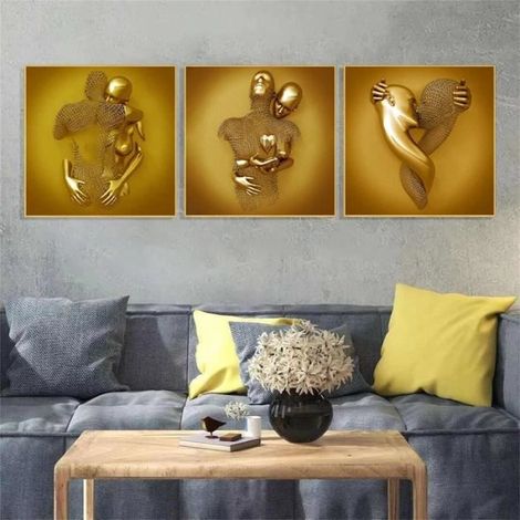3Pcs Love Heart Effet 3D Wall Art, Métal Fil Sculpture Figure Couple Suspendu Peinture,Abstrait Toile Wall Art,Sans Cadre- 4040cm (1/4)