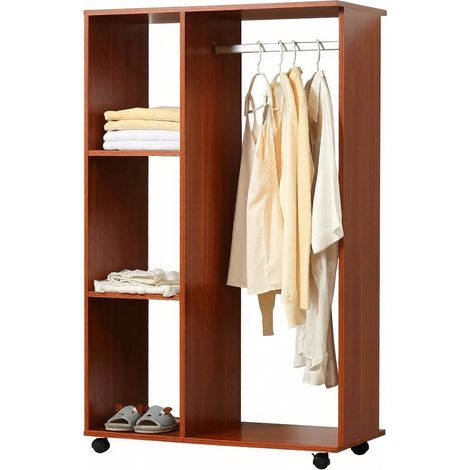 Armoire ouverte mobile pour chambre, dressing et petit espace, gain de place, avec tringle aluminium, 3 étagères, roulettes verrouillables, bois foncé  CHICFURN (1/5)