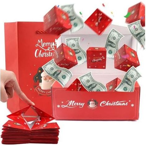 Boîte surprise de Noël Explosion pour l'argent, boîte-cadeau explosive Tirelire Surprise Boîte à farces DIY Pliable Père Noël Rouge Enveloppe (1/5)
