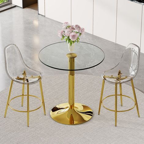 Ensemble bar 89 cm avec table en verre et 2 tabourets transparents, structure métal doré (1/5)