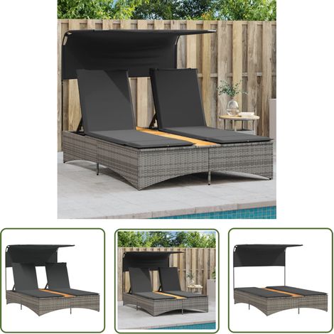 The Living Store Chaise longue double et auvent et coussins gris résine tressée - Chaise Longue - Bain De Soleil - Fauteuil De Jardin - Meuble De Jardin - Résine Tressée (1/5)