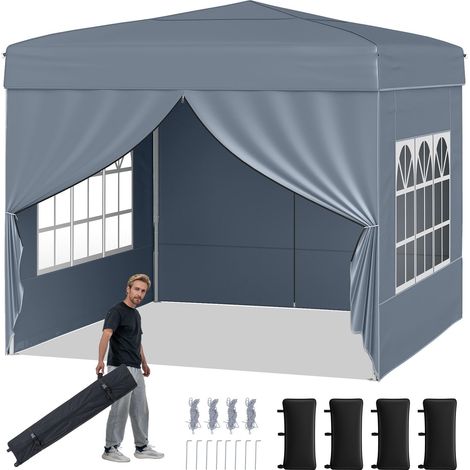 COSTWAY Gazebo da Giardino Pieghevole 290 x 290 cm, Gazebo da Esterno Impermeabile con 4 Pannelli Laterali, Altezza Regolabile Borsa da Trasporto, Tenda a Baldacchino Pop-up per Campeggio (Grigio) (1/5)