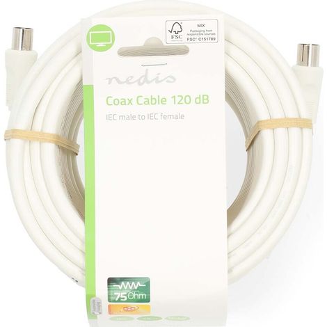 Nedis Koaxial Kabel / IEC (Coax) Stecker / IEC (Coax) Buchse / Vernickelt / 120 dB / 75 Ohm / 4-fach geschirmt / 15.0 m / Rund / PVC / Weiss / Label
