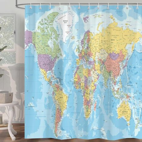 Irovami Rideau de douche carte du monde 183 x 183 cm en polyester imperméable avec 12 crochets, globe terrestre, capitales des pays, décoration de salle de bain pour chambre d'enfant (1/5)