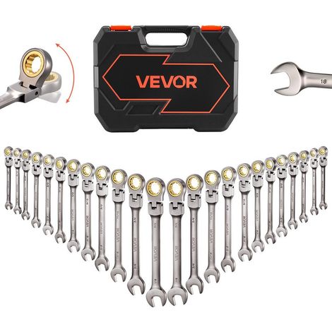 Jeu de Clés Mixtes à Cliquet Flexible 24 Pièces 72 Dents Acier Cr-V et Carbone Métrique et SAE avec Coffret (1/5)