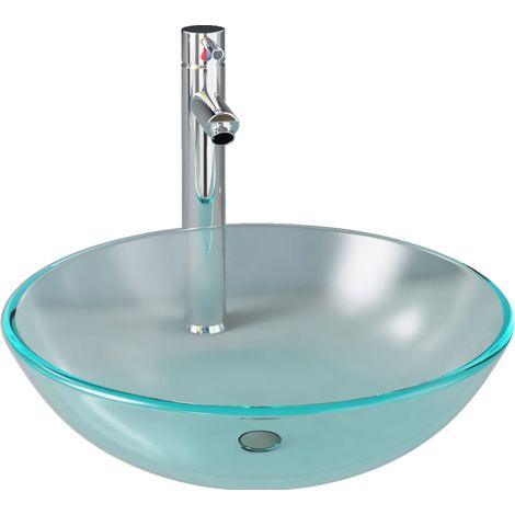 Lavabo de bain avec robinet et drain à poussoir vasque à poser de toilette lave-mains de salle de bain lavabo de salle d'eau diamètre 42 cm verre trempé