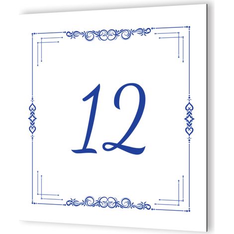 Numéro maison extérieur personnalisable - Plaque Dibond blanc - Pictogramme bleu, cadre ethnique - 20x20 cm, épaisseur 3 mm, fixation multiple (1/5)