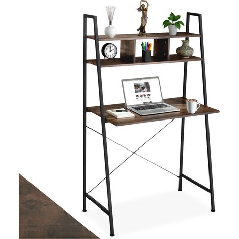 Bureau Style industriel 3 compartiments de rangement bois foncé (1/5)