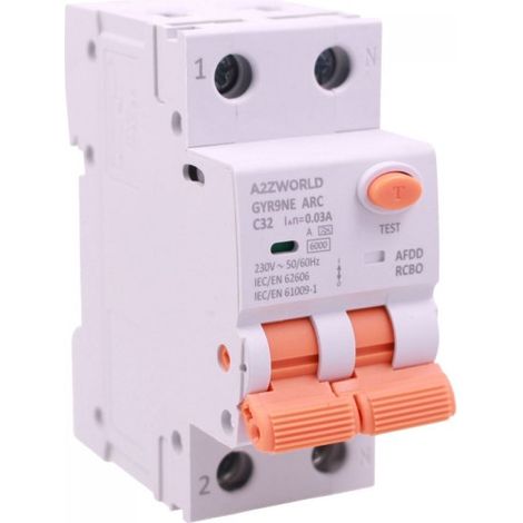 AFDD+RCBO Interruttore Antiincendio, Magnetotermico Differenziale con Rilevamento Di Arco Elettrico, Tipo A Curva C, 1P+N 2M 6000A 30mA, AC 220V Doppia Leva,GYR9NE-ARC,10A 16A 20A 25A 32A 40A (C32A)