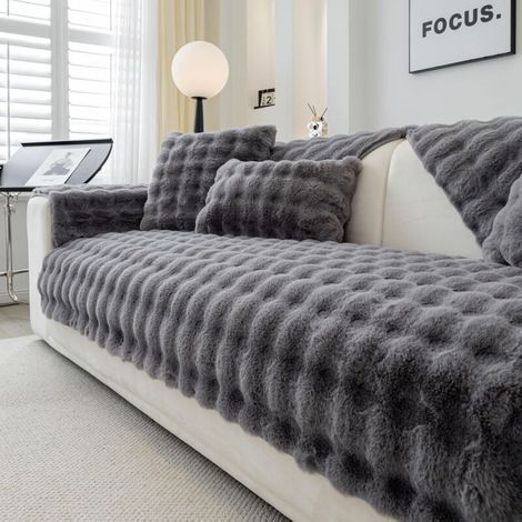 (Dark Grey, 70x70cm )Plush Sofa Cover - Non-Slip Sofa Cover, Faux Rabbit Fur Sofa, L Shape Sofa (1/5)