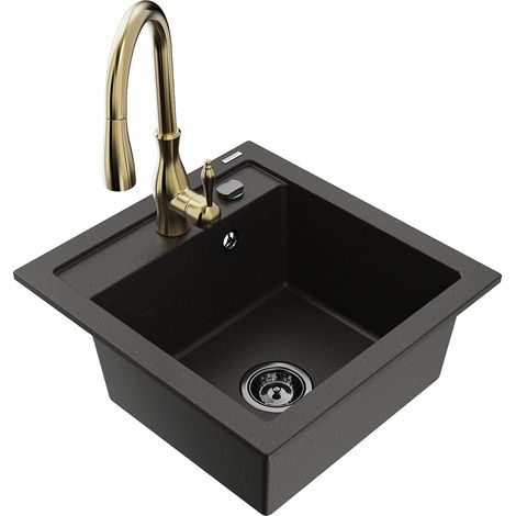 Mexen Vito lavello in granito a 1 vasca con rubinetto da cucina Savita, nero/oro metallizzato - 6503-75-672601-50-B (1/5)