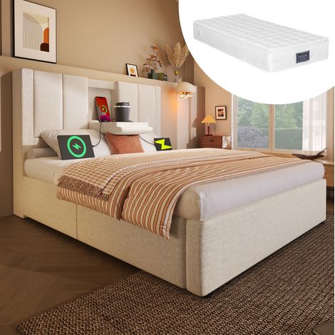 MEUBLIV Lit 90x200 cm beige - rangement hydraulique et chargeur, avec matelas (1/5)