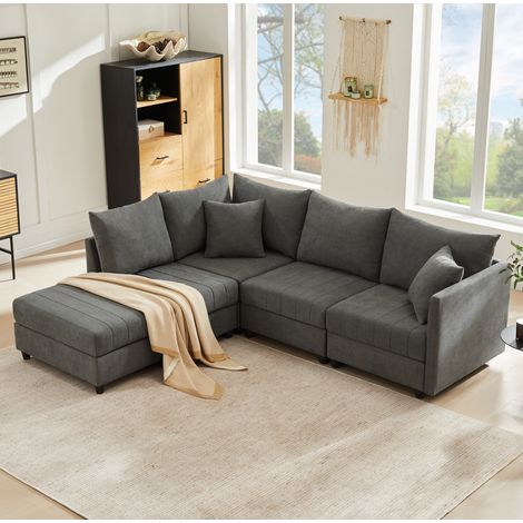 Ecksofa Baumwoll-Leinen Grau 220x194x85 cm, modulares 5-Sitzer-Sofa mit beweglichem Fußhocker, L- oder U-Form (1/5)