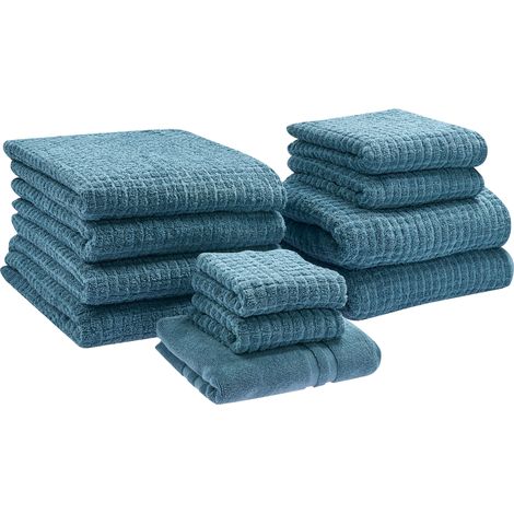 Conjunto de 11 toallas de baño de algodón suave de torsión baja con alfombrilla de baño azul Atai (1/5)