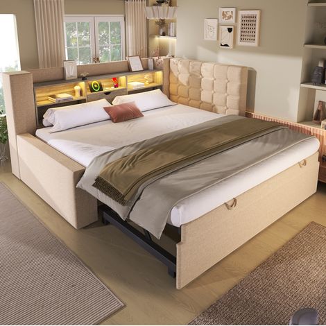 MODFU – Lit banquette gigogne enfant 90x200 cm lin et métal – LED, USB et USB-C, tête réversible – Charge 200 kg, 3 colis – Chambre – Beige (1/5)