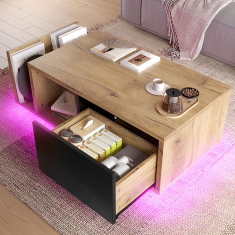 Tavolino rettangolare 99,5x53x38 cm con LED, 1 cassetto e ripiano aperto, finitura naturale (1/5)