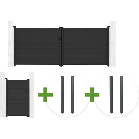 Portail battant 4m EIGER H.160cm gris + portillon 1m EIGER H.160cm + 4 poteaux ELDA