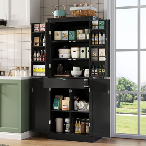 REDOM - Armario de cocina 75x40x182 cm, almacenaje multifunción, cajón interior, estantes y compartimentos, MDF negro (1/5)