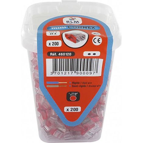 connecteurs automatiques - mini connex - 2 entrées - rouge - boite de 200 - blm distribution 460120 (1/4)