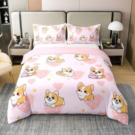 Parure de lit 100 % coton avec housse de couette 135 x 200 cm et 1 taie d'oreiller respirante - Motif chien Corgi mignon - 135 x 200 cm - Pour enfants garçons et filles (1/5)