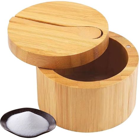 Gourmet Salt Storage, Kitchen Seasoning Jar with Spoon, Salt and Pepper Bowls, Salt Box Countertop, Wooden Salt Box, Wood Salt Keeper for Table Salt Gourmet, Salt Spices Pepper Sugar (1/5)
