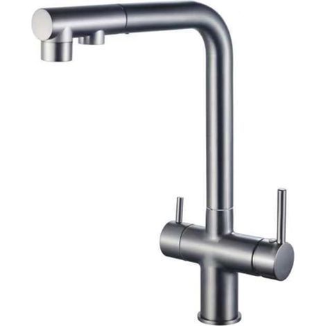 Rubinetto da cucina a 3 vie con doccetta estraibile, rubinetto girevole per lavello, acqua purificata, 2 maniglie, acqua calda e fredda, rubinetto a 3 vie (1/5)