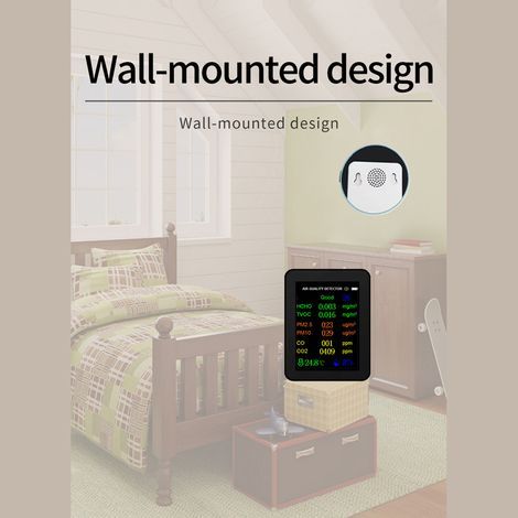 Compteur de qualité de l'air portable 9 en 1 PM2,5 PM10 CO CO2 TVOC HCHO AQI Testeur de température et d'humidité Écran couleur Détecteur de dioxyde de carbone avec fonction d'affichage de l'he (1/5)