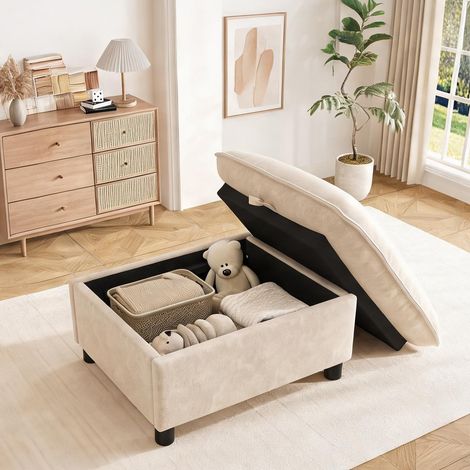 Coffre de rangement avec assise rembourrée en chenille beige 98 (1/5)