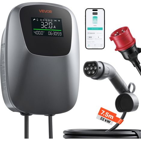 Borne Recharge Véhicule Électrique 22 kW Chargeur Triphasé Type 2 CEE pour Voiture Électrique et Hybride Rechargeable, Domestique 400 V CA 32 A, Contrôle Intelligent APP, Écran Numérique, IP65 (1/5)