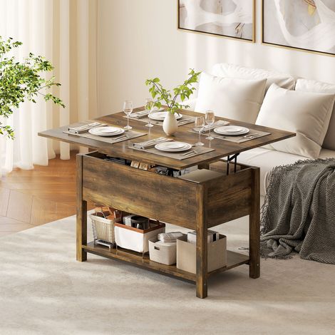 Table basse relevable et extensible table de salon avec compartiment caché étagère ouverte 100x45x50,5cm brun rustique
