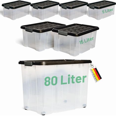 Novaliv Lot de 7 boîtes de rangement avec couvercle, anthracite, 1x80 L + 2x 15 L + 4x 5 L, emboîtables, empilables, fermeture à clip, boîtes à