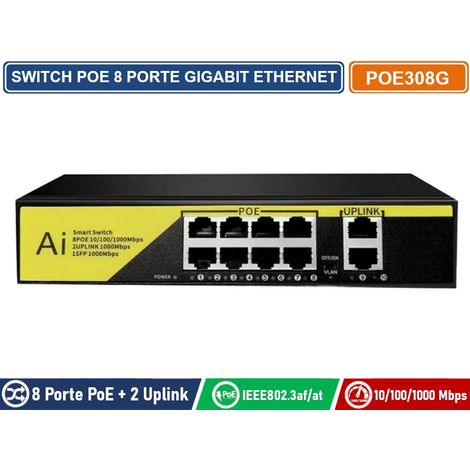 SWITCH POE GIGABIT ETHERNET 10 PORTE 8 PORTE POE + 2 PORTE UPLINK RJ45 10/100/1000 MBPS IEEE 802.3AF / AT (1/3)