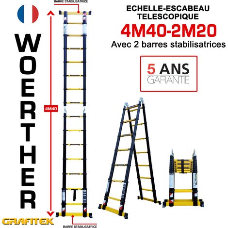 Woerther – Échelle télescopique 4m40 – Charge maximale 150kg – Barre stabilisatrice pour sécurité accrue – Verrouillage automatique (1/3)