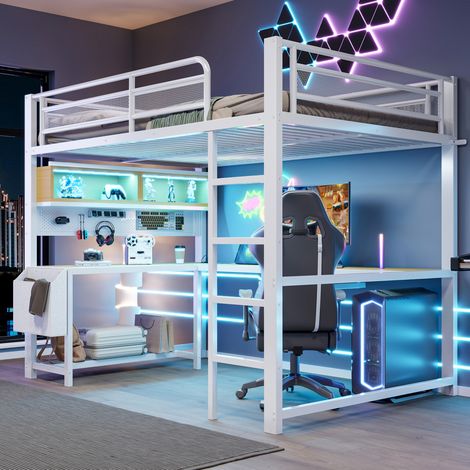 Lit mezzanine 140/200 cm blanc en métal et MDF avec bureau, LED et station de charge (1/5)